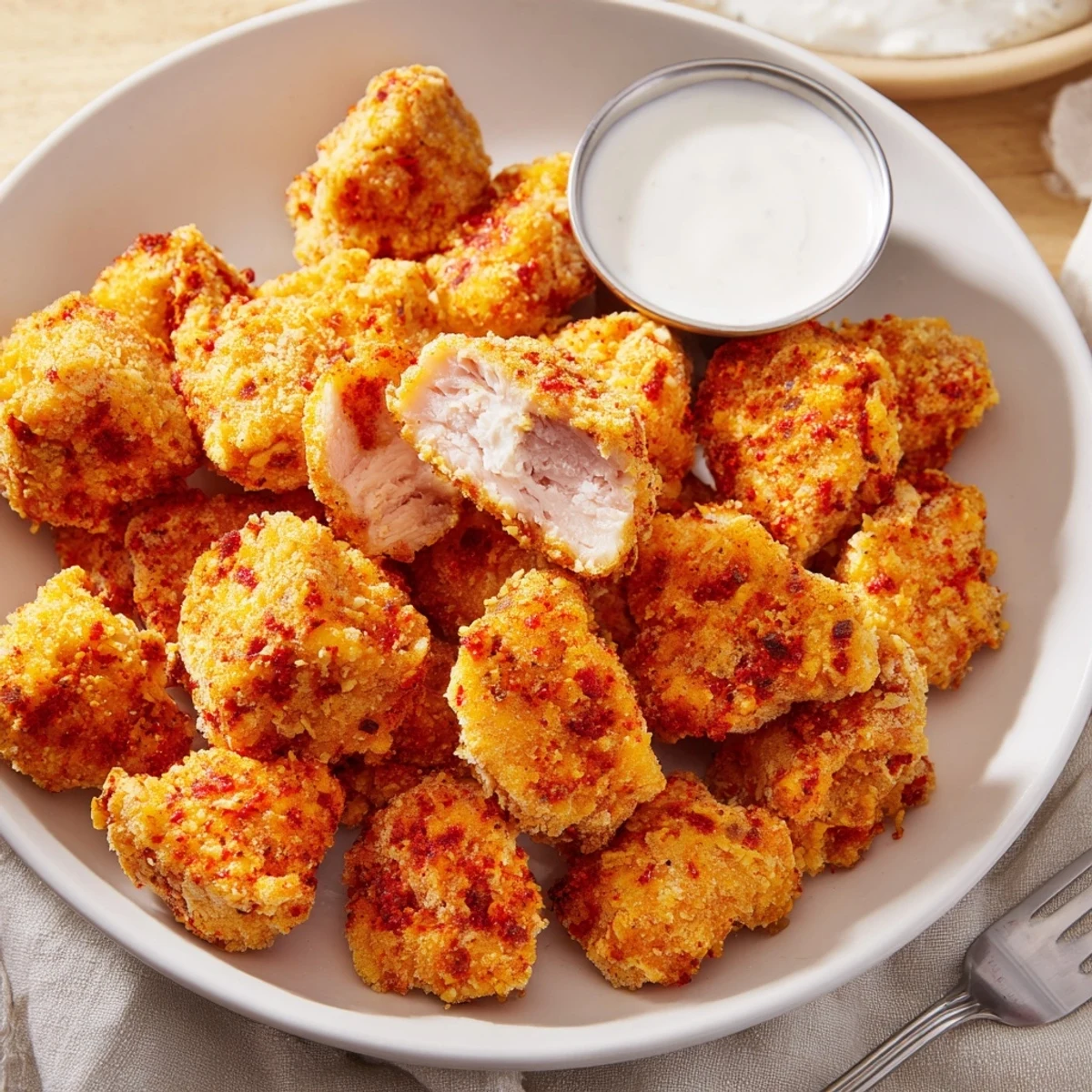 Crispy golden Chicken Bites piled on a plate, steam rising, tangy dipping sauce