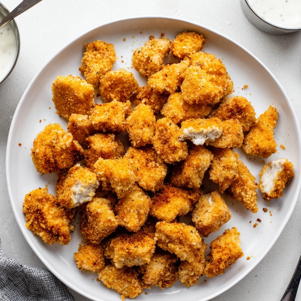 Buttermilk-marinated Chicken Bites frying to crunchy perfection, served with ranch