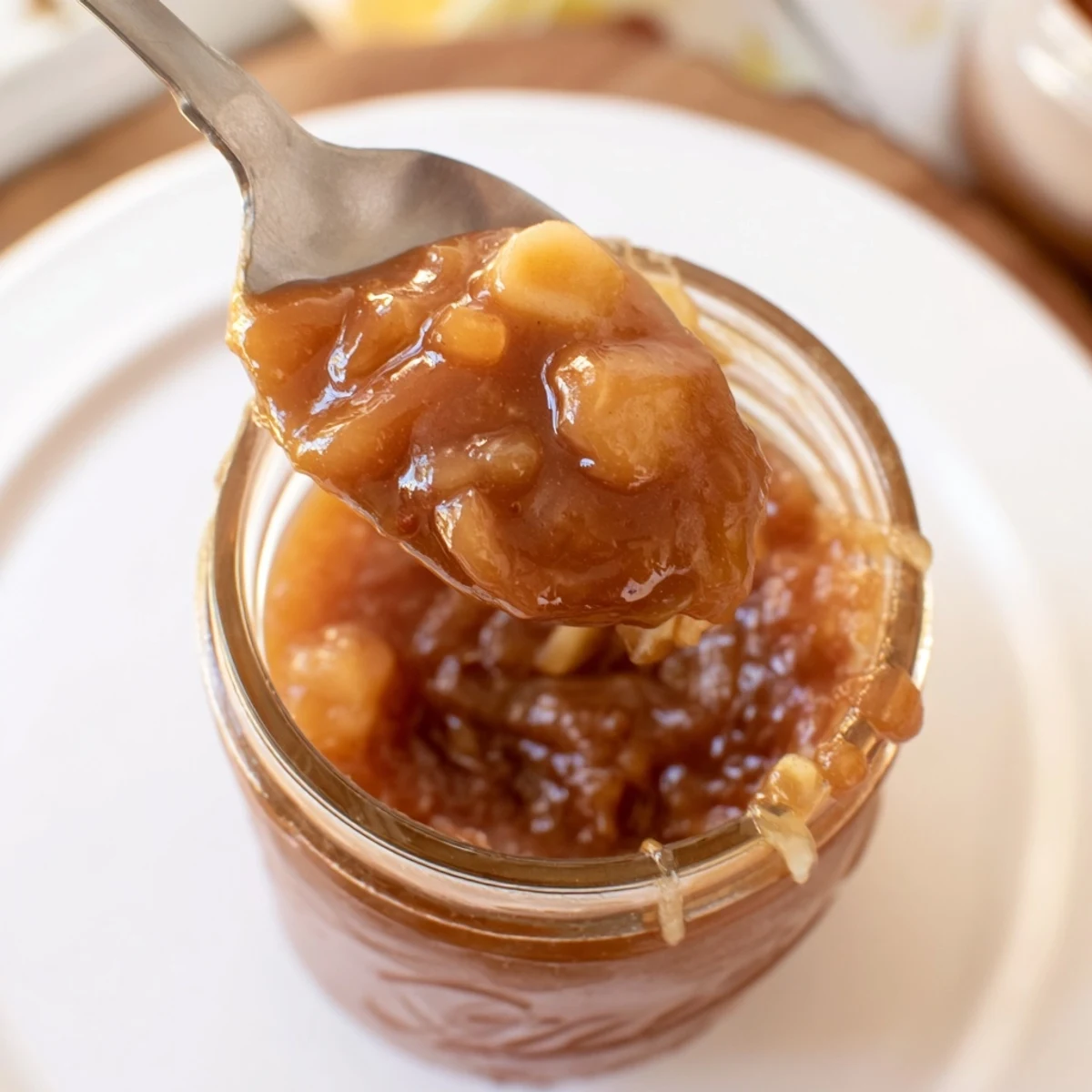 Fall Caramel Apple Jam glistening golden in jars, chunky apple pieces visible