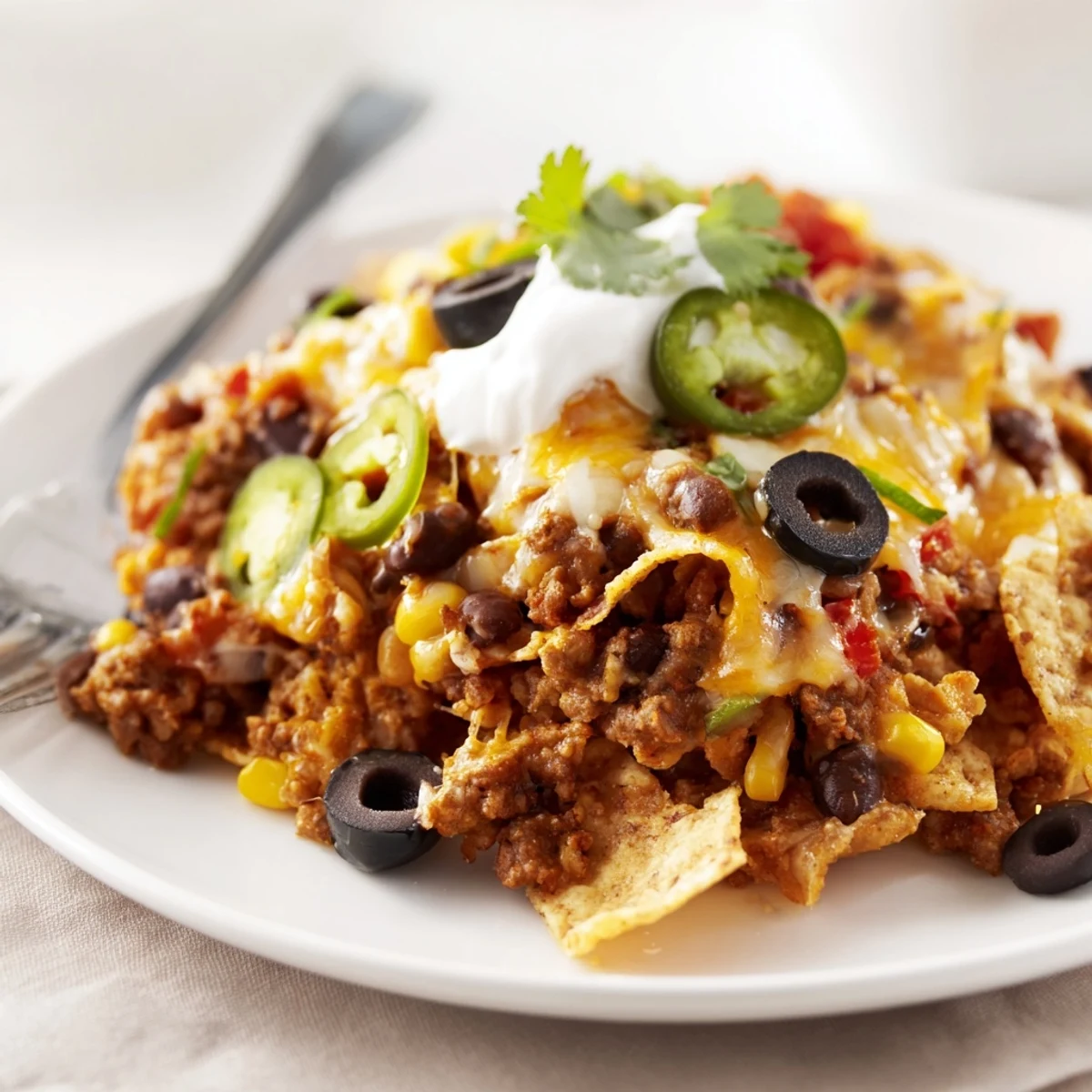 A hearty Cheesy Nacho Casserole layered with seasoned beef, jalapeños, sour cream.