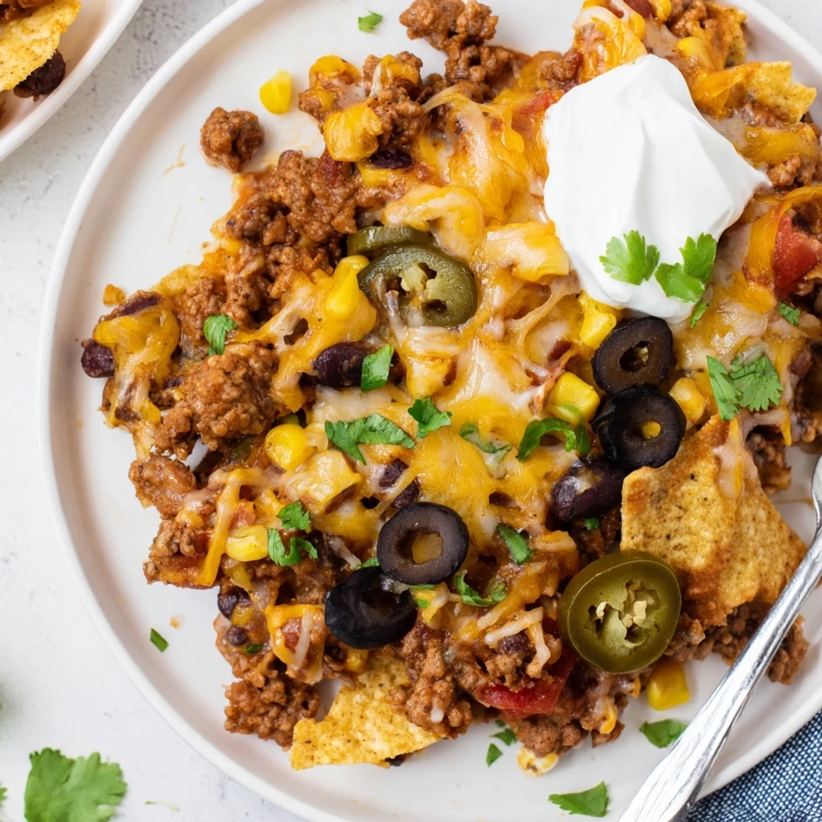 Cheesy Nacho Casserole bubbling golden with crunchy chips, melted cheese, and cilantro.