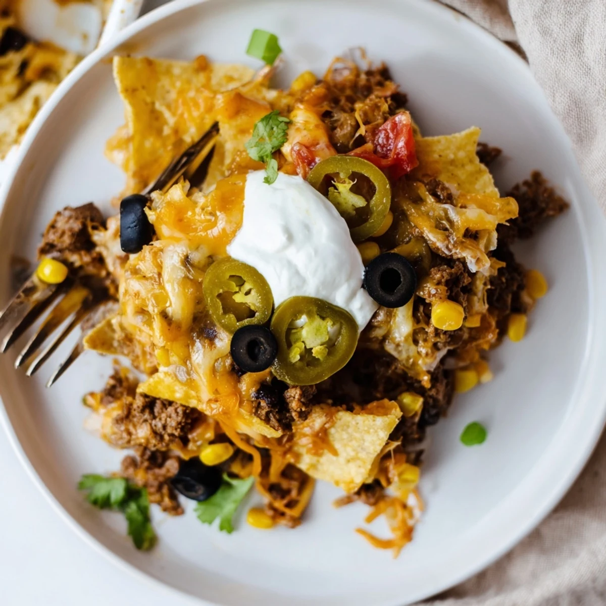 Cheesy Nacho Casserole served hot from oven, crispy edges, gooey cheese pull.