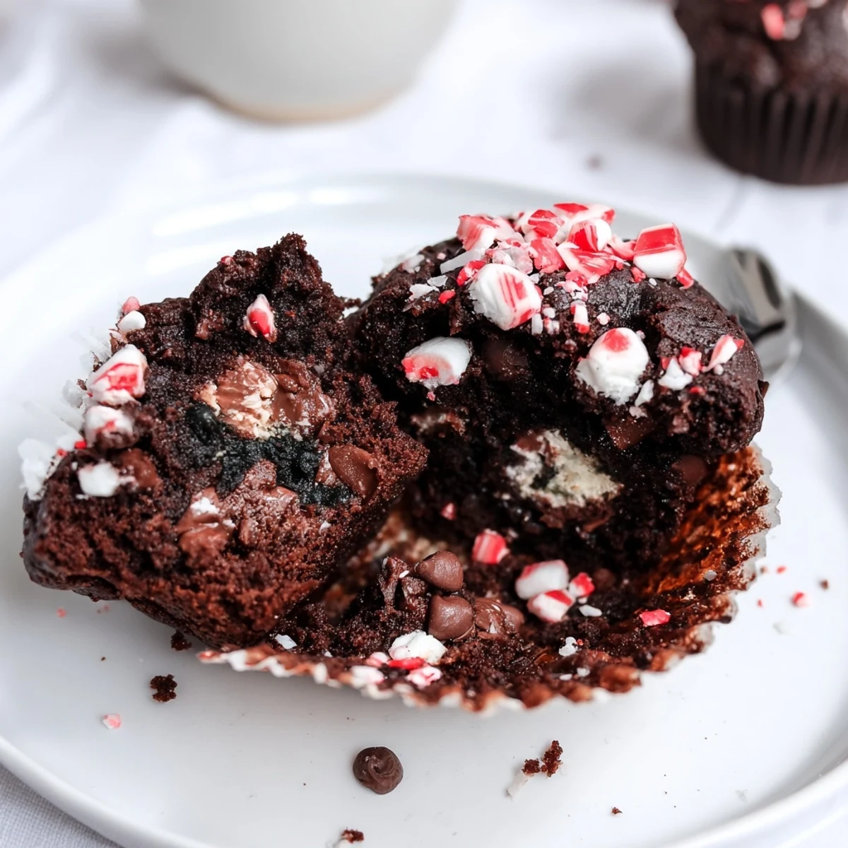 Peppermint Hot Chocolate Muffins with gooey chocolate chunks and crushed peppermint topping