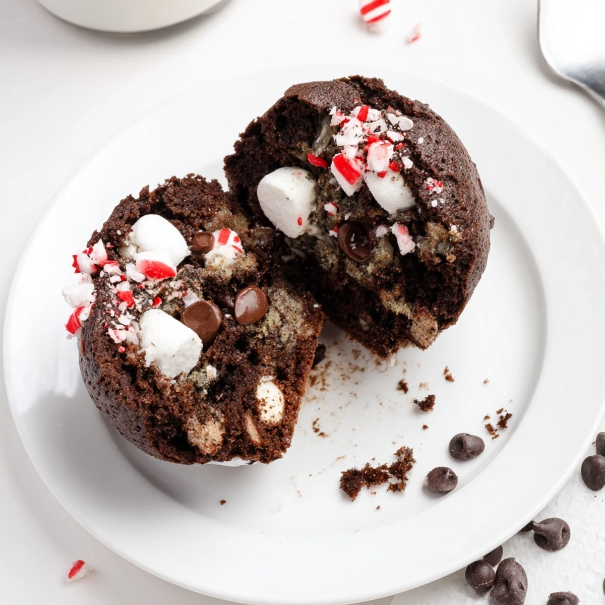 Freshly baked Peppermint Hot Chocolate Muffins cooling on a wire rack, steam rising