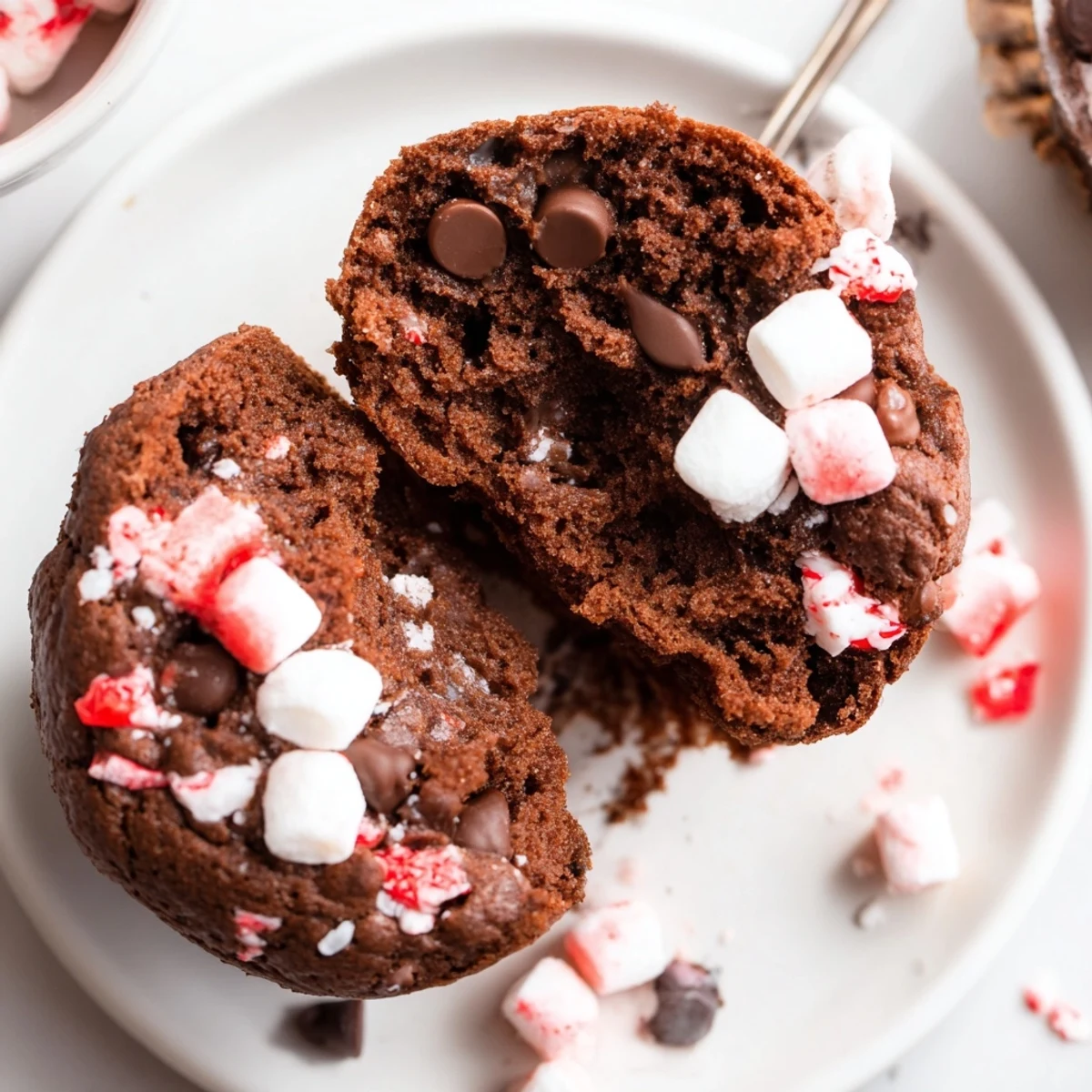 Warm Peppermint Hot Chocolate Muffins topped with marshmallows and whipped cream swirl