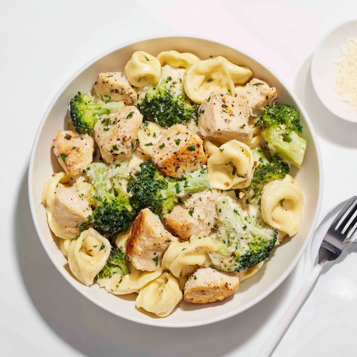 Creamy Garlic Parmesan Tortellini Chicken Broccoli Recipe: steaming bowl, silky sauce, browned chicken