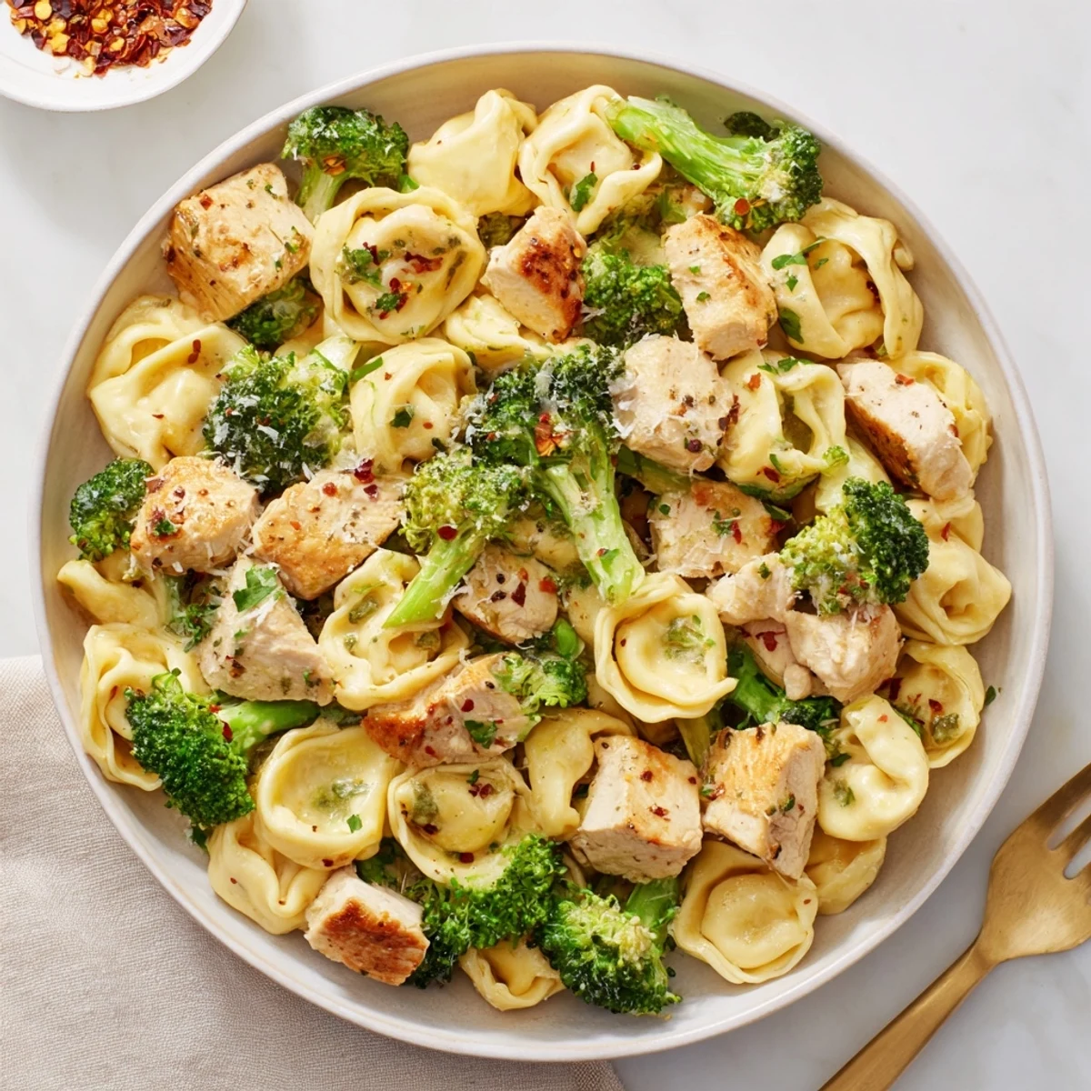 Creamy Garlic Parmesan Tortellini Chicken Broccoli Recipe served hot with grated Parmesan on top