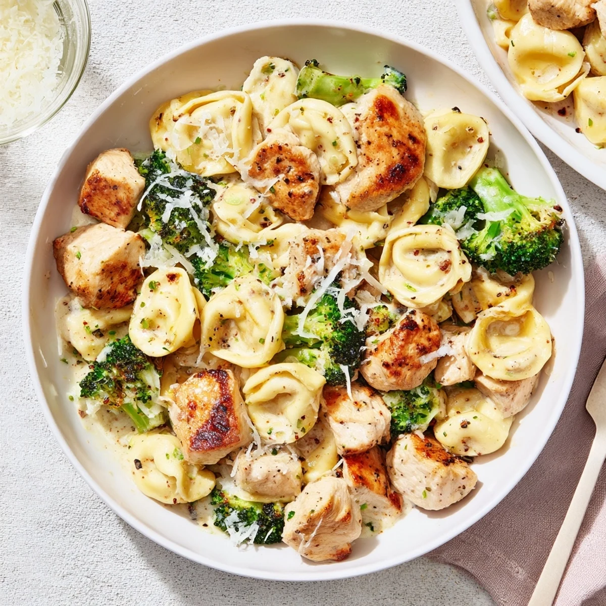 Creamy Garlic Parmesan Tortellini Chicken Broccoli Recipe with juicy chicken, garlicky cream, bright parsley