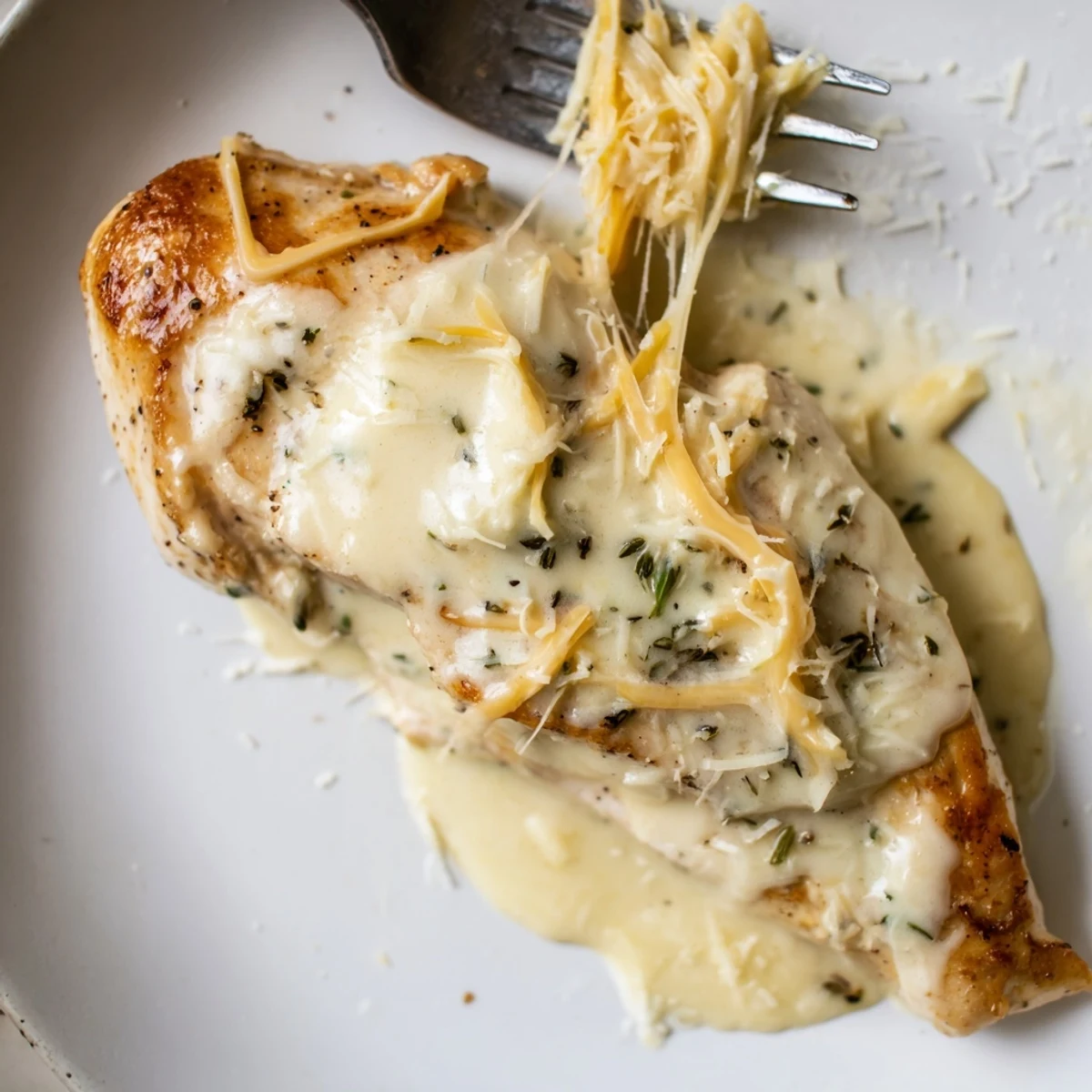 Oven-baked Chicken With Cheese Sauce on plate, steam rising, broccoli side
