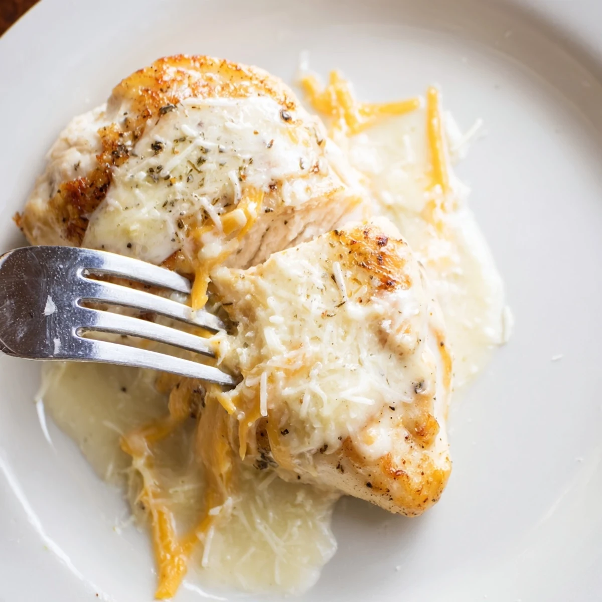 Pan-seared Chicken With Cheese Sauce, creamy cheddar pooling, garnished with parsley