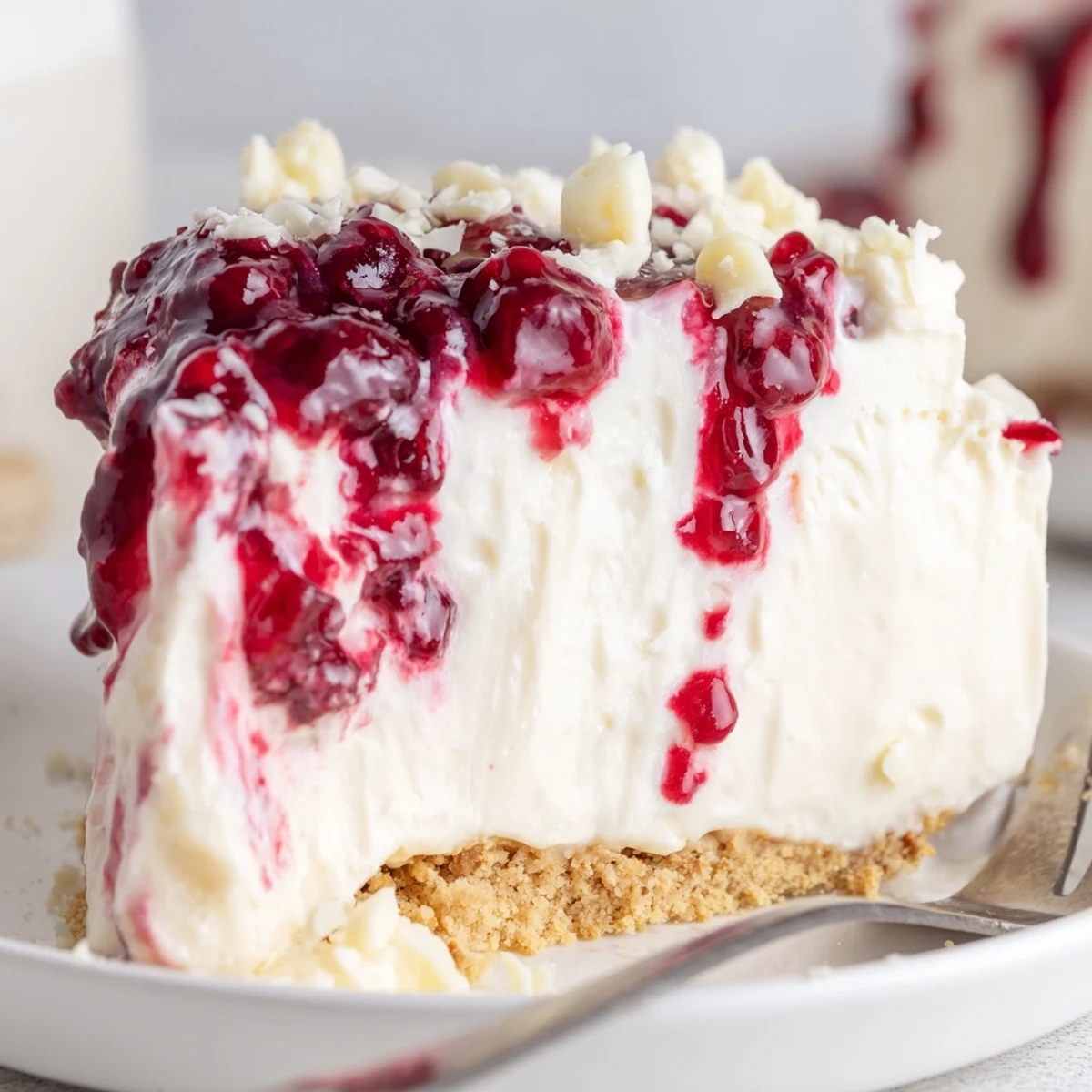 Slice of No Bake Cranberry White Chocolate Cheesecake on plate, creamy, tangy, chilled