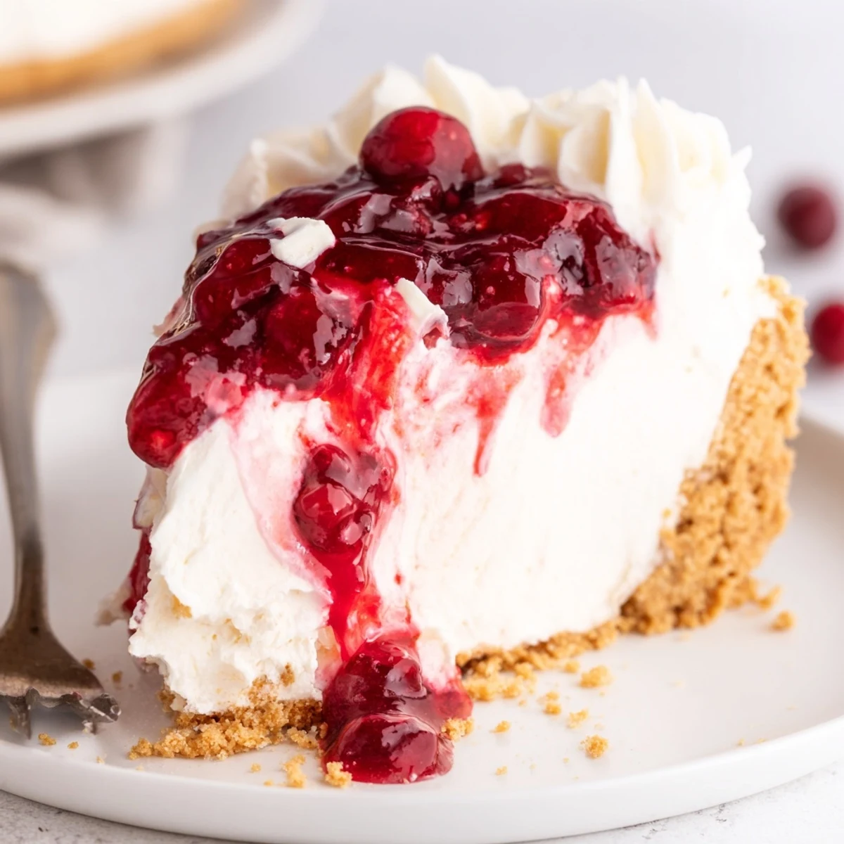 No Bake Cranberry White Chocolate Cheesecake with glossy cranberry topping and white chocolate shavings