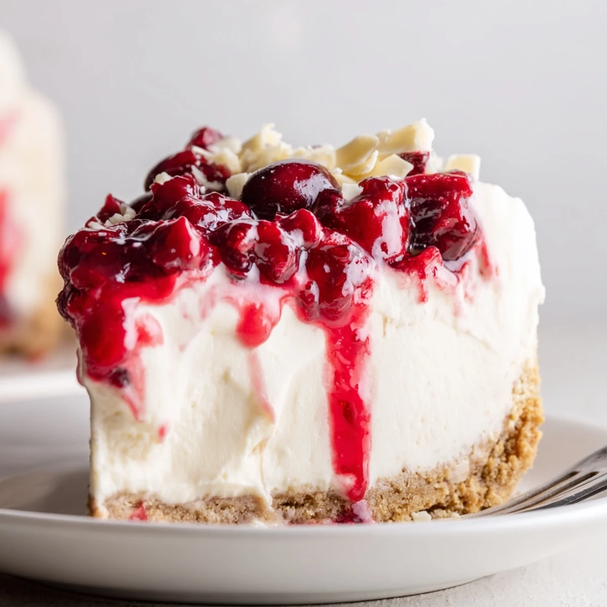 No Bake Cranberry White Chocolate Cheesecake set atop buttery graham crust, perfect for holidays