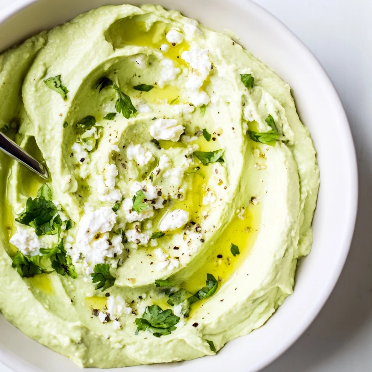 Creamy Avocado Feta Dip in bowl, velvety green, drizzled olive oil, pita chips