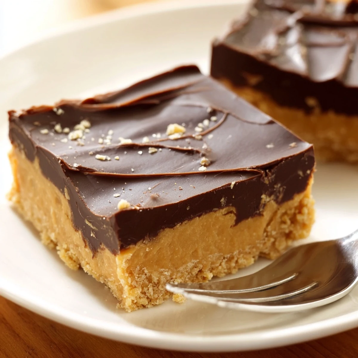 Stacked No Bake Peanut Butter Bars showing creamy base and silky chocolate layer