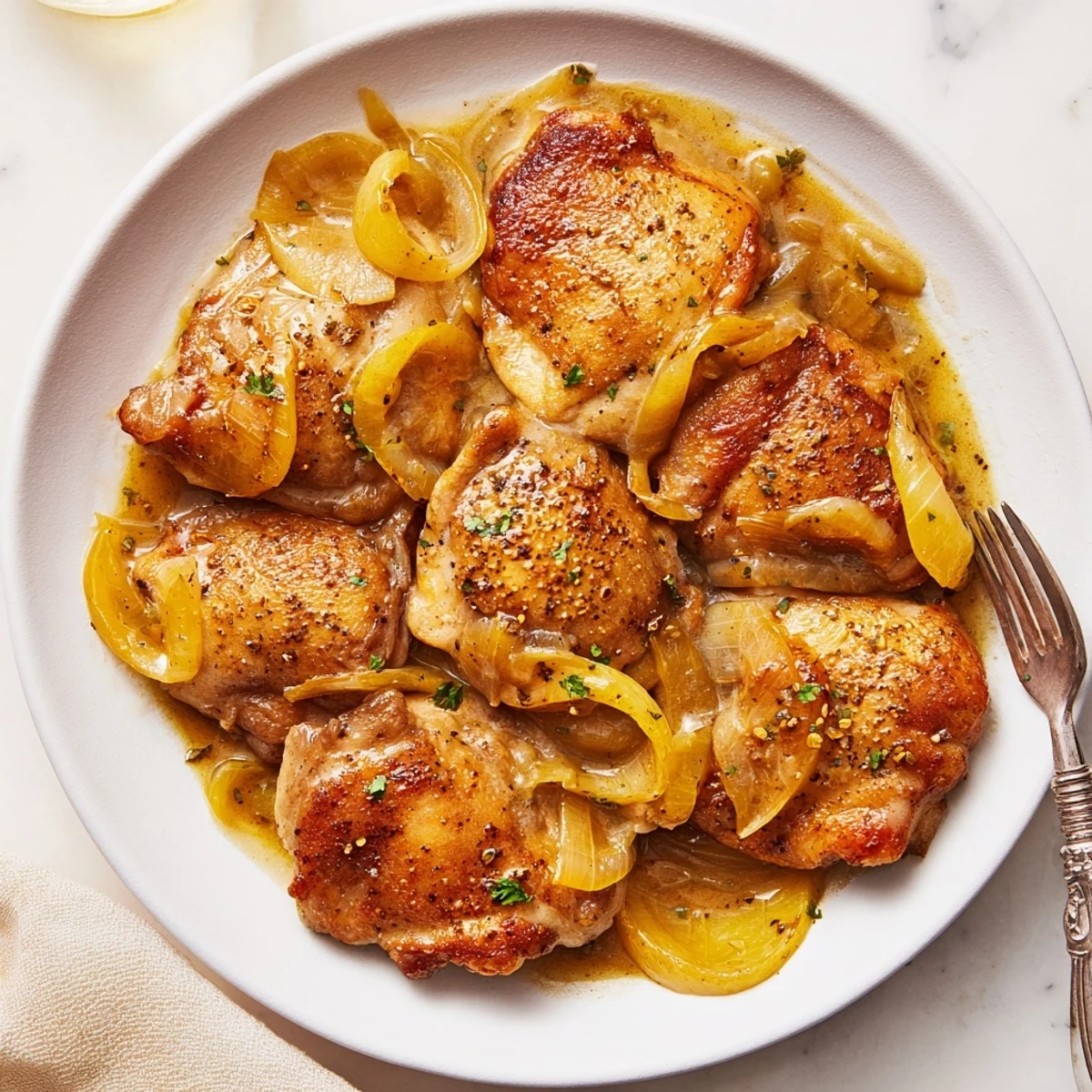 Creamy mashed potatoes crowned by Savory Smothered Chicken Thighs In Rich Gravy Recipe