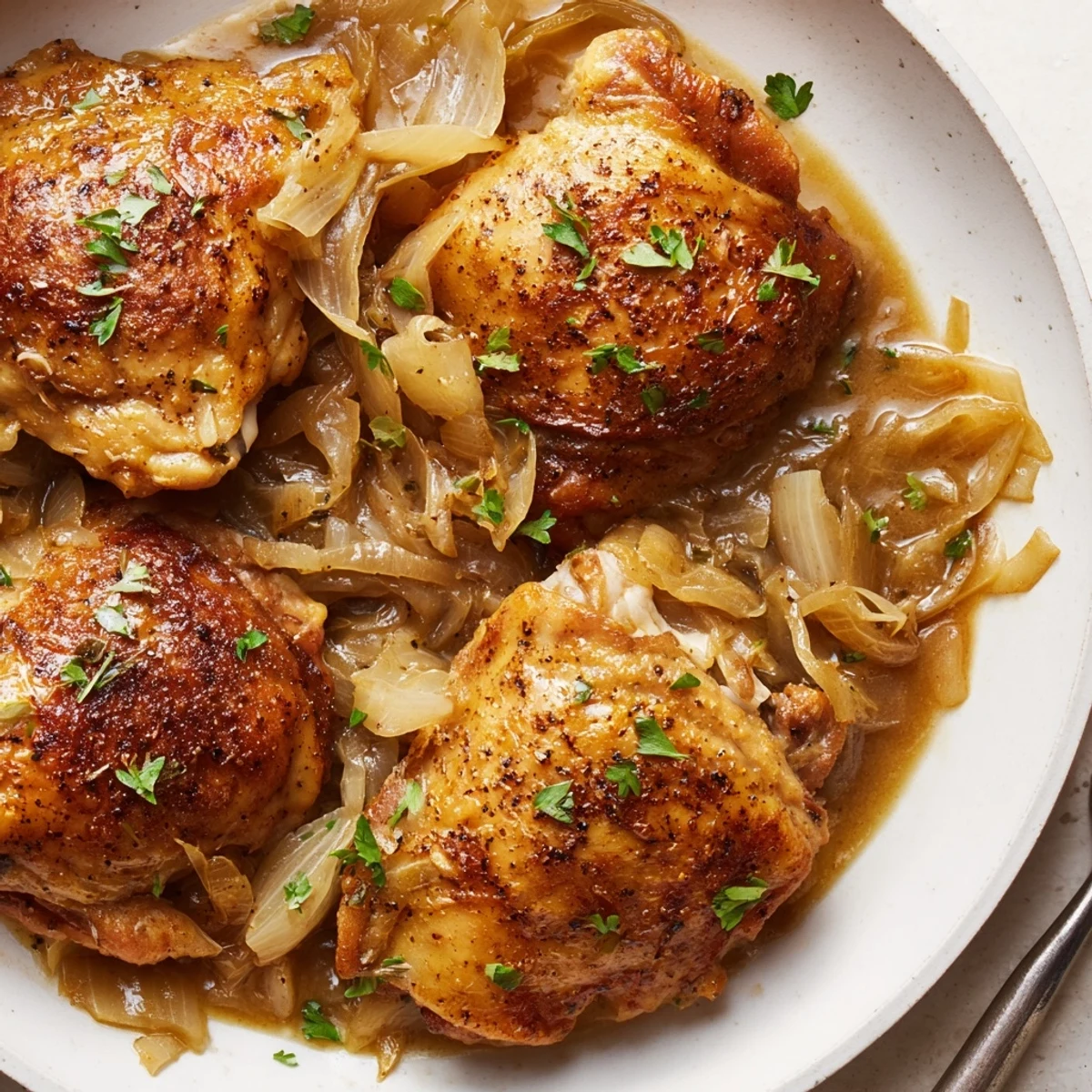 Fork lifts tender, juicy chicken from Savory Smothered Chicken Thighs In Rich Gravy Recipe