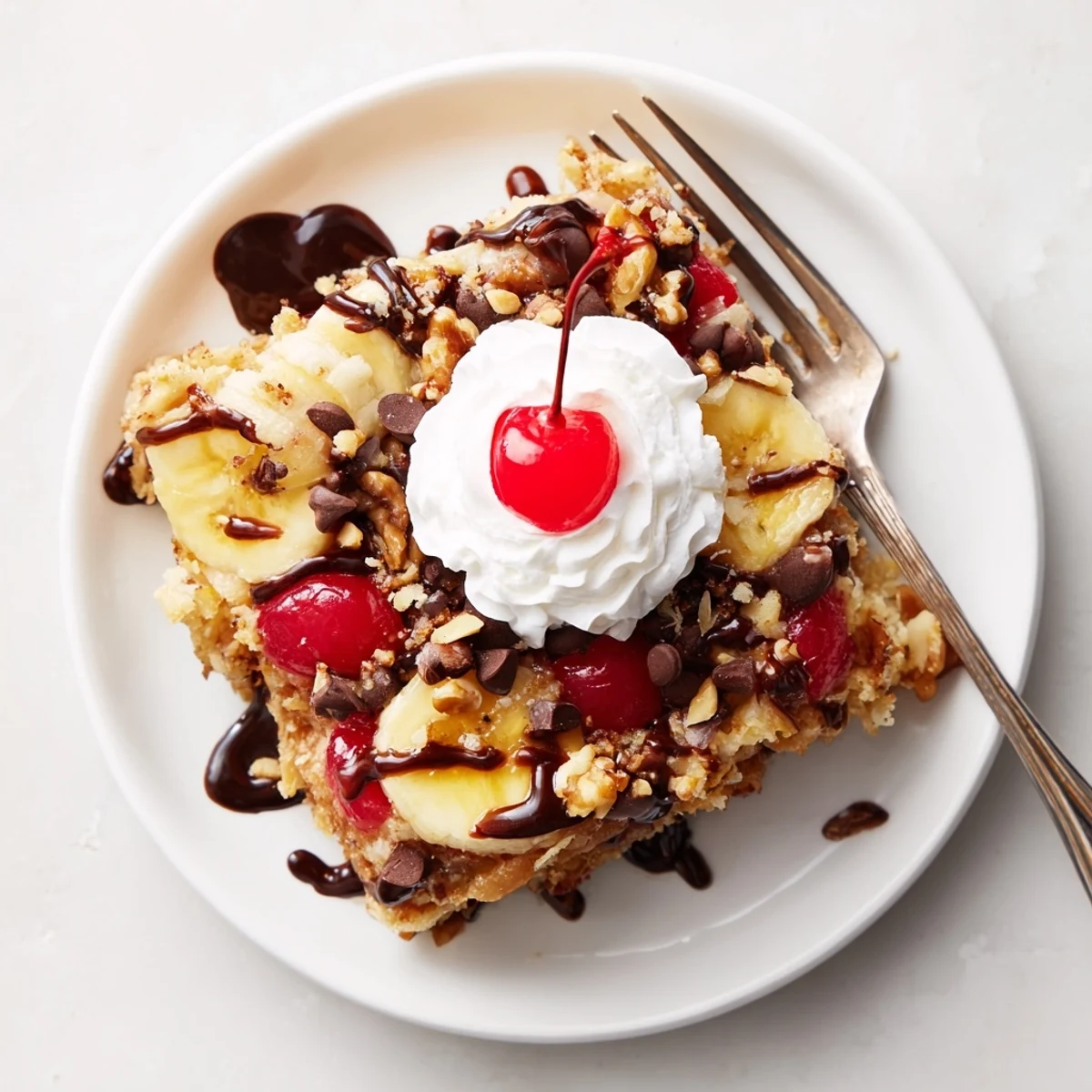 Sliced bananas and pineapple peeking through golden Banana Split Dump Cake