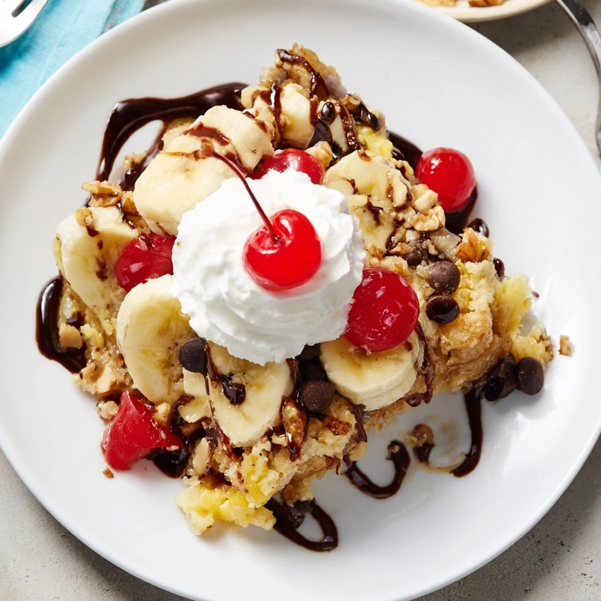 Warm Banana Split Dump Cake bubbling in dish with cherries and whipped cream