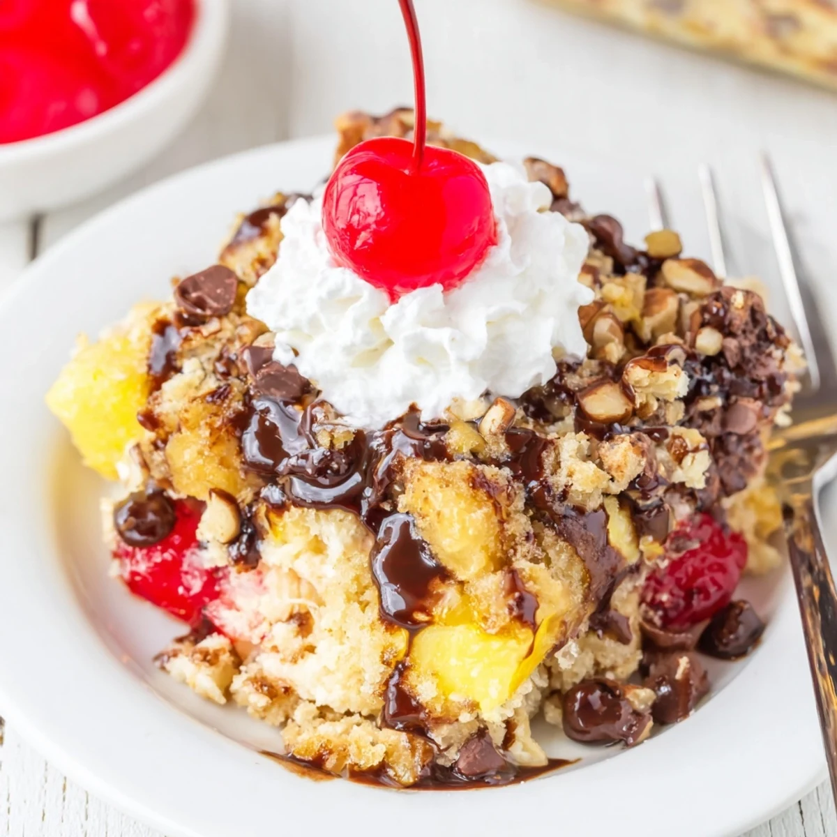 Creamy vanilla ice cream crowning Banana Split Dump Cake with chocolate drizzle