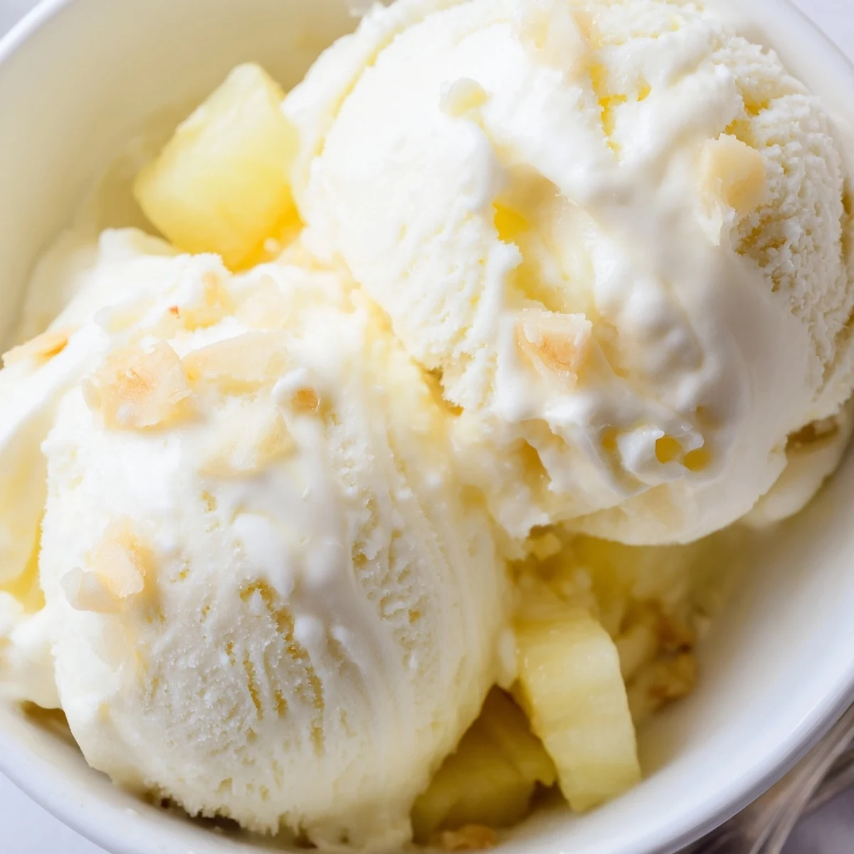 Creamy Pineapple Ice Cream served in a bowl garnished with toasted coconut