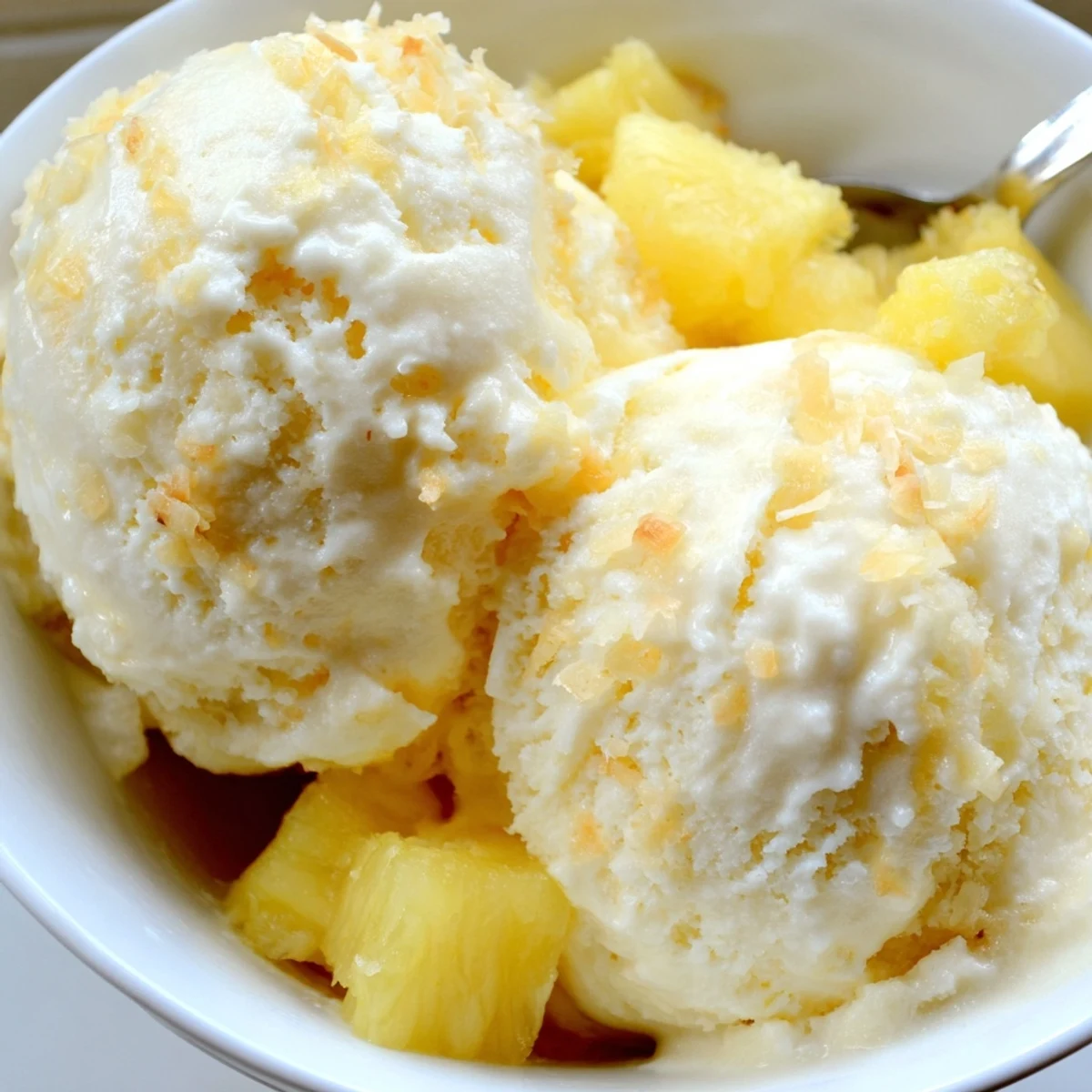 Scoops of Creamy Pineapple Ice Cream melting slightly, bright tropical aroma