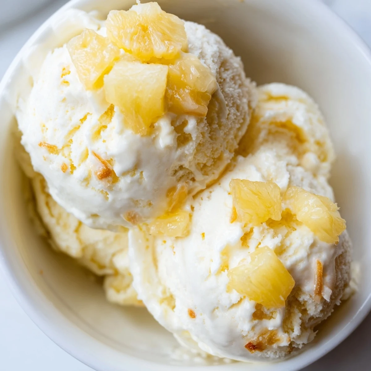 Homemade Creamy Pineapple Ice Cream churned smooth, flecks of fresh pineapple