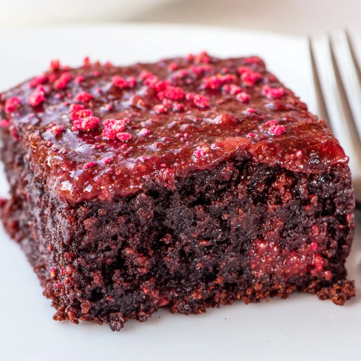 Strawberry Brownies Recipe: fudgy squares glazed with pink strawberry icing, sliced.