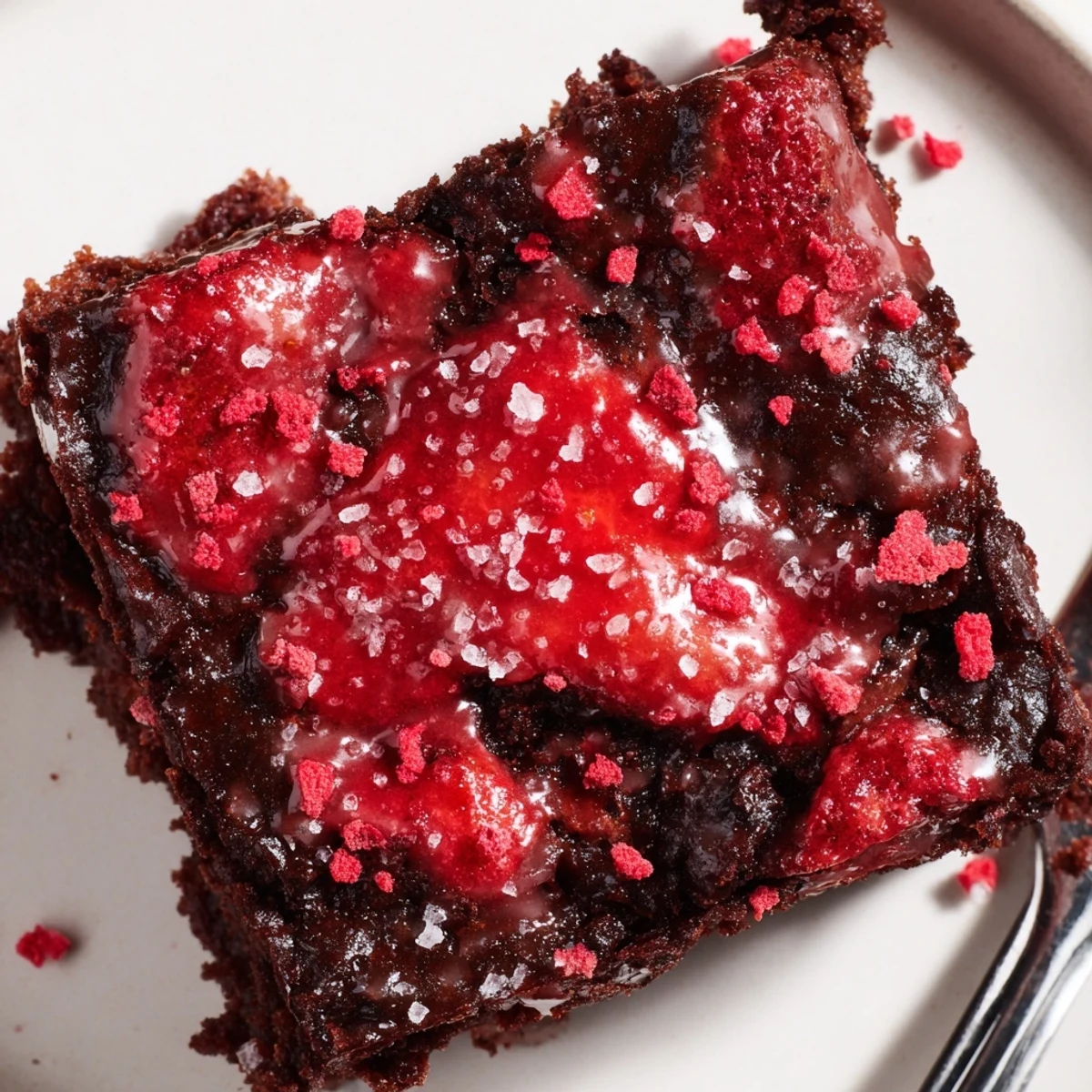 A plate of warm Strawberry Brownies Recipe squares with fresh strawberries.