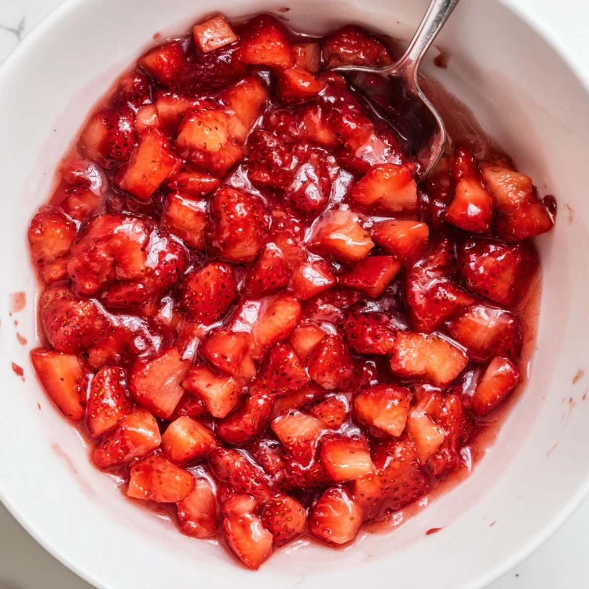 Strawberry Cake Filling Recipe showing glossy, warm strawberry filling cooling in saucepan  