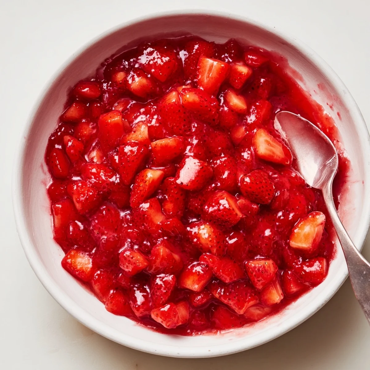 A vibrant Strawberry Cake Filling Recipe spooned into cake layers for serving  