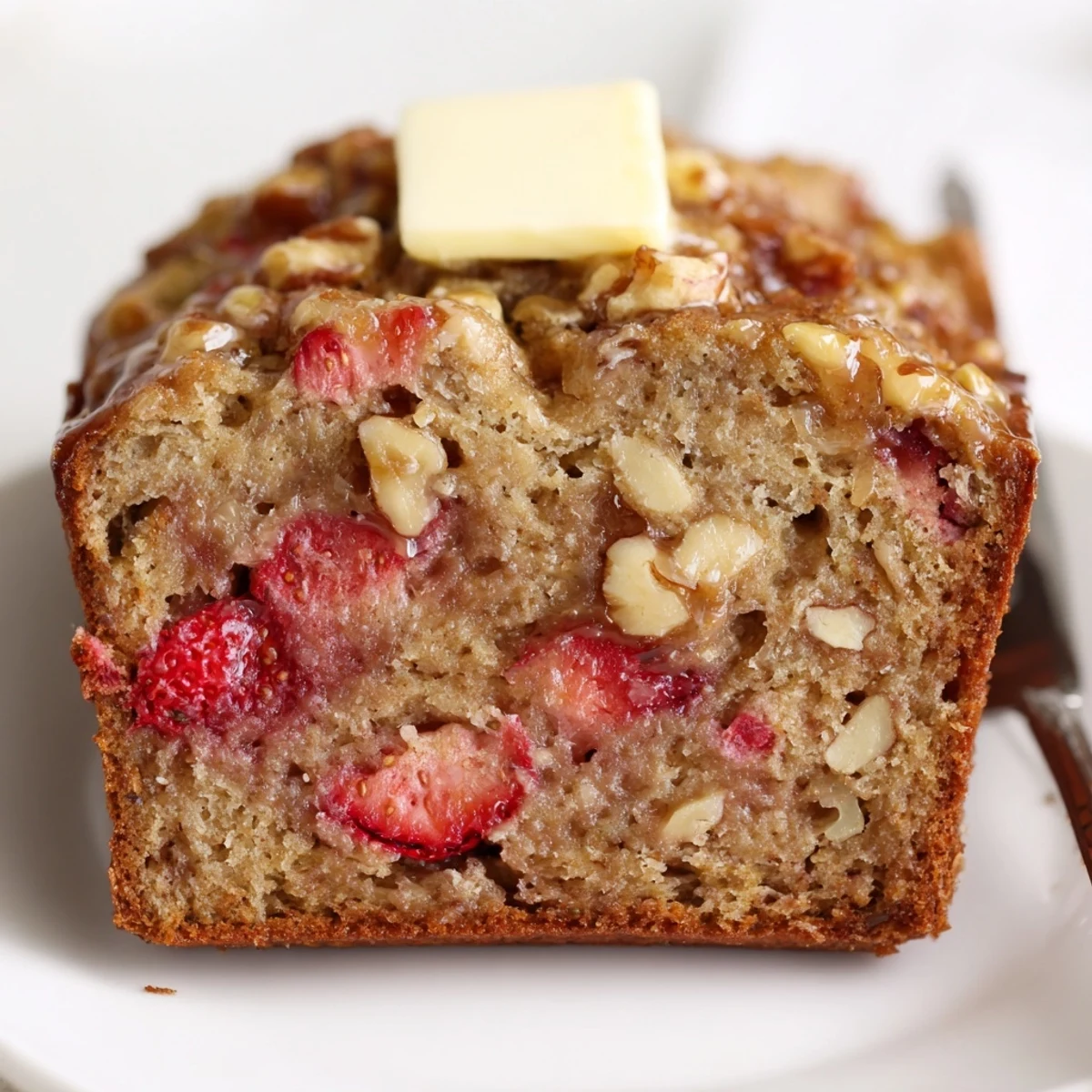 Strawberry Banana Bread Recipe showing warm loaf sliced, bursting with berries  