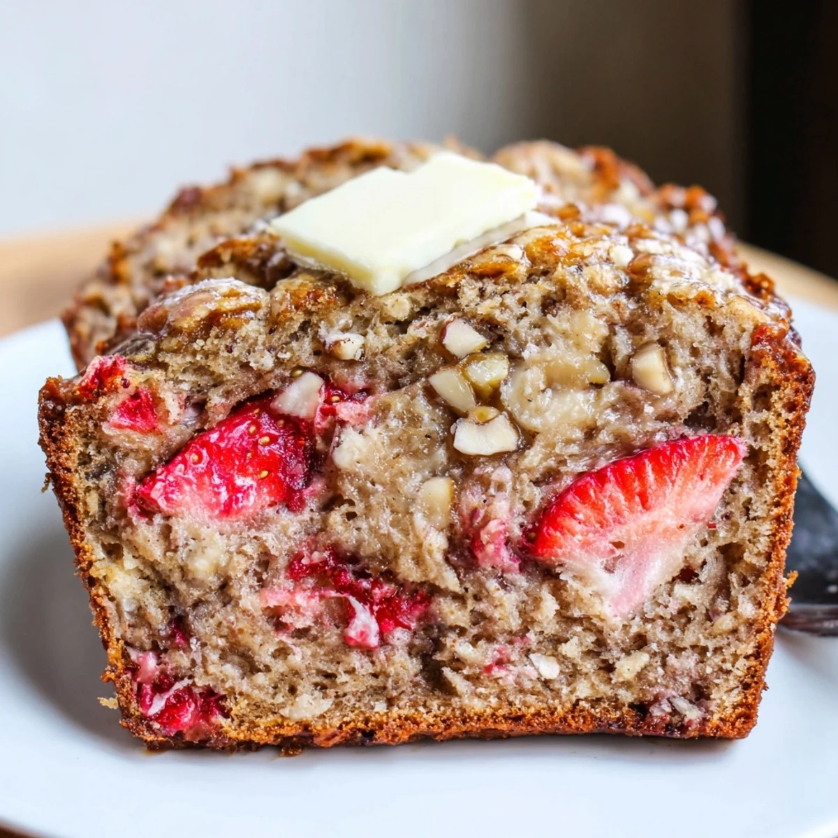 Moist Strawberry Banana Bread Recipe cooling on wire rack, butter melting  