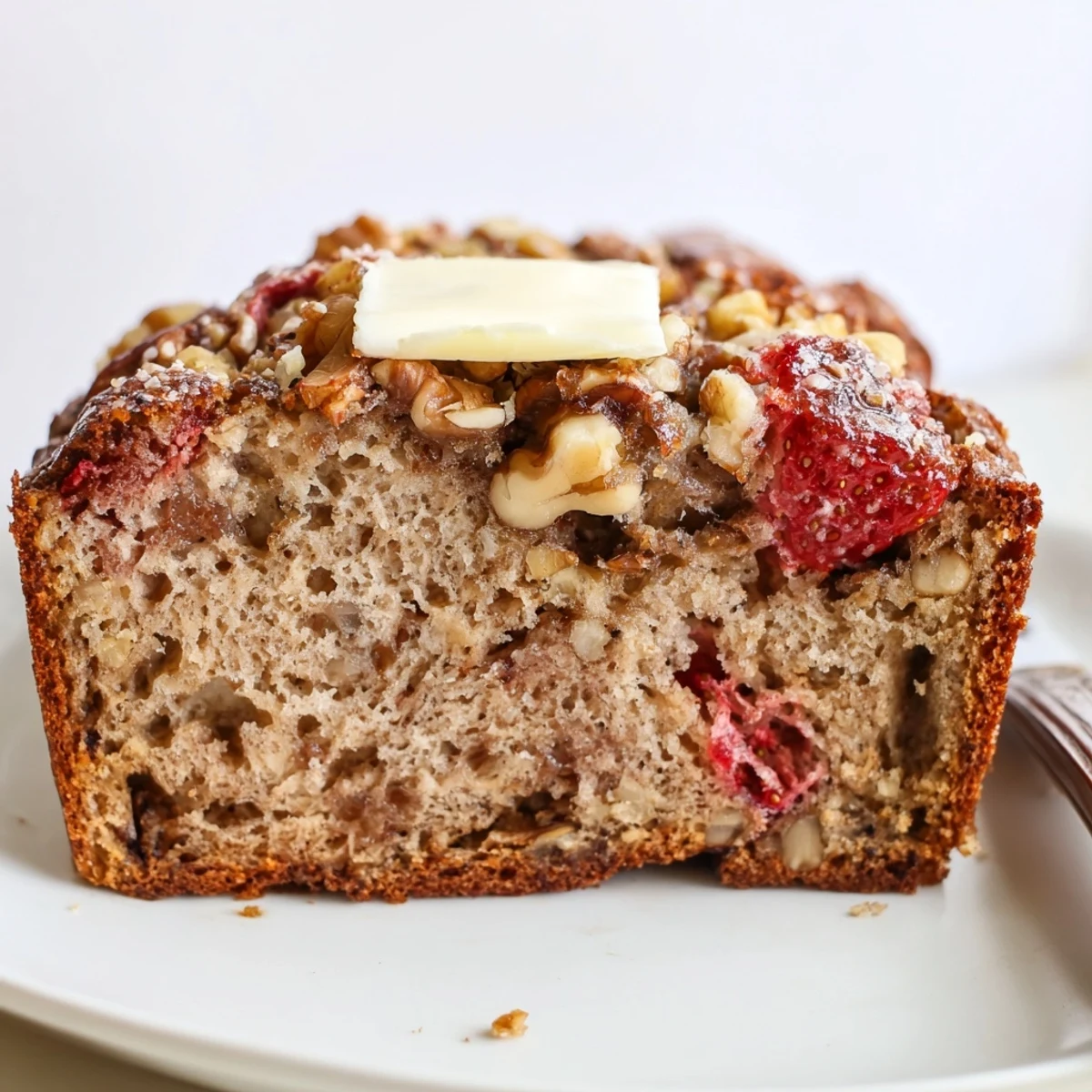 Homestyle Strawberry Banana Bread Recipe served warm with honey drizzle, buttery crumb