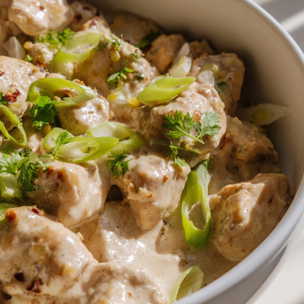 Creamy coconut chicken rice bowl topped with tender chicken pieces and crisp vegetables