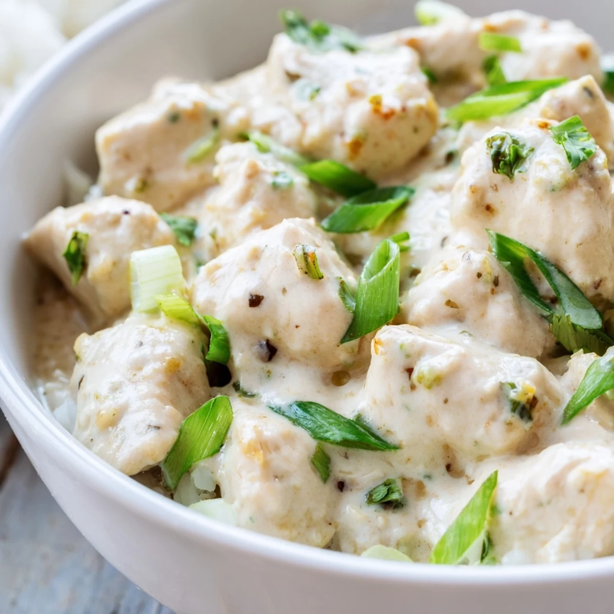 Steaming coconut chicken rice bowl garnished with fresh cilantro and crunchy toasted coconut flakes