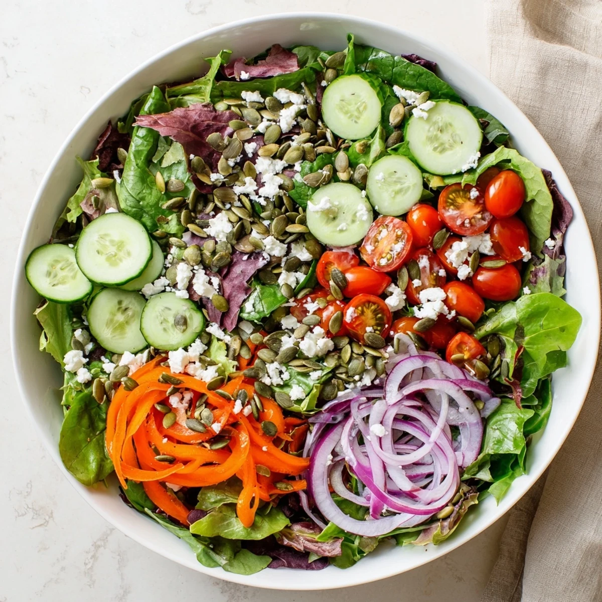 Fresh garden salad with vibrant seasonal vegetables tossed in tangy red wine vinaigrette