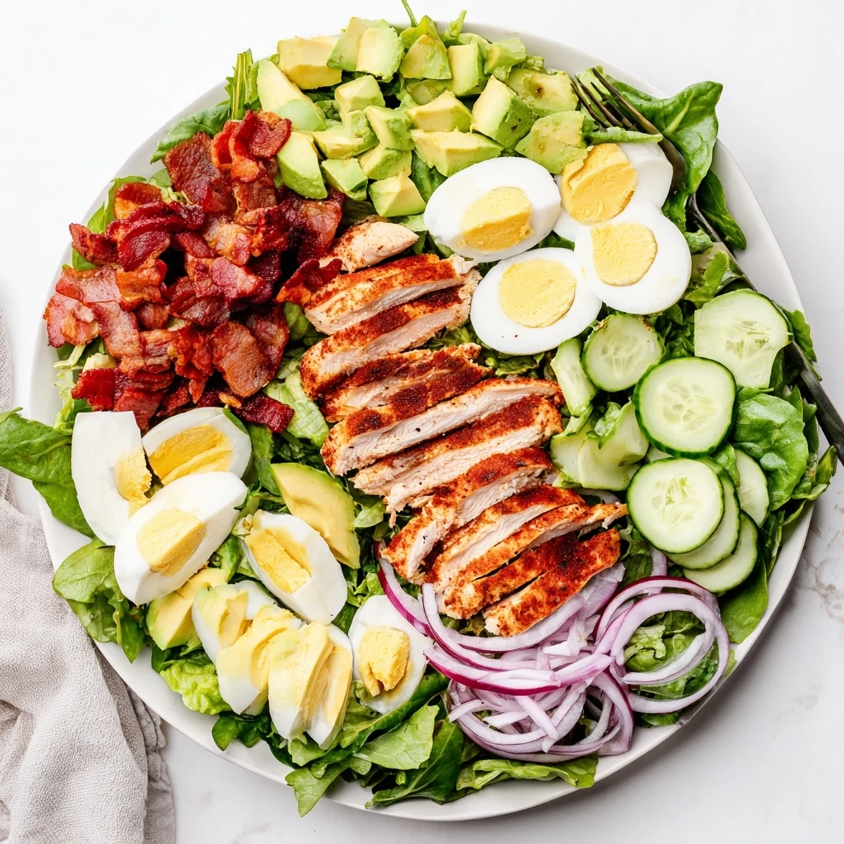 Sliced grilled chicken breast arranged over mixed greens with cherry tomatoes, red onion, and creamy avocado quarters