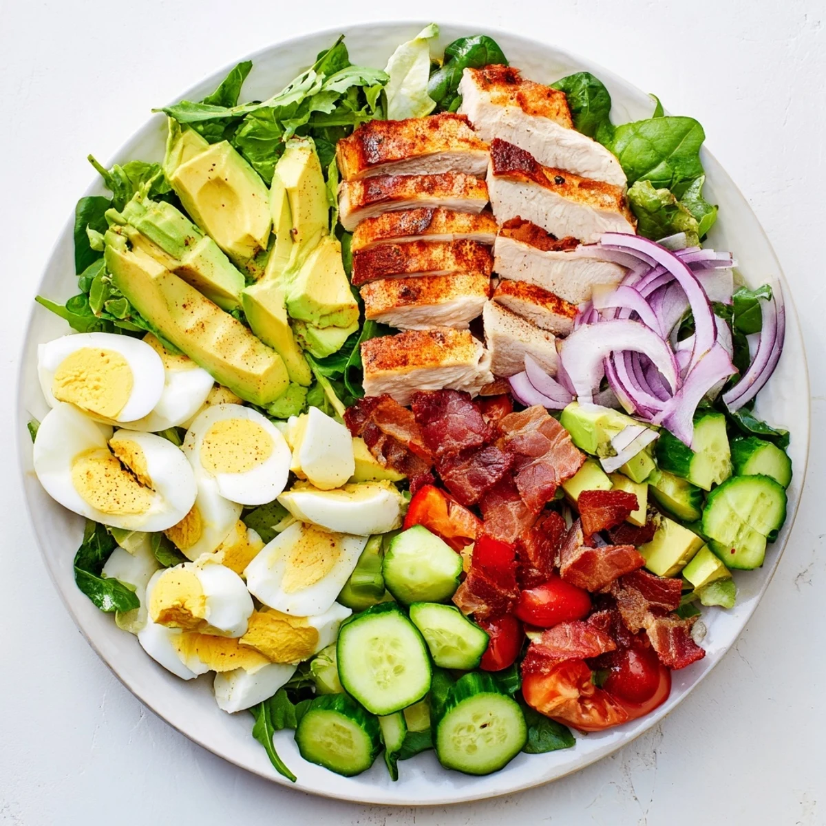 Colorful Paleo Grilled Chicken Cobb Salad topped with avocado, bacon, eggs, and fresh vegetables in a bowl