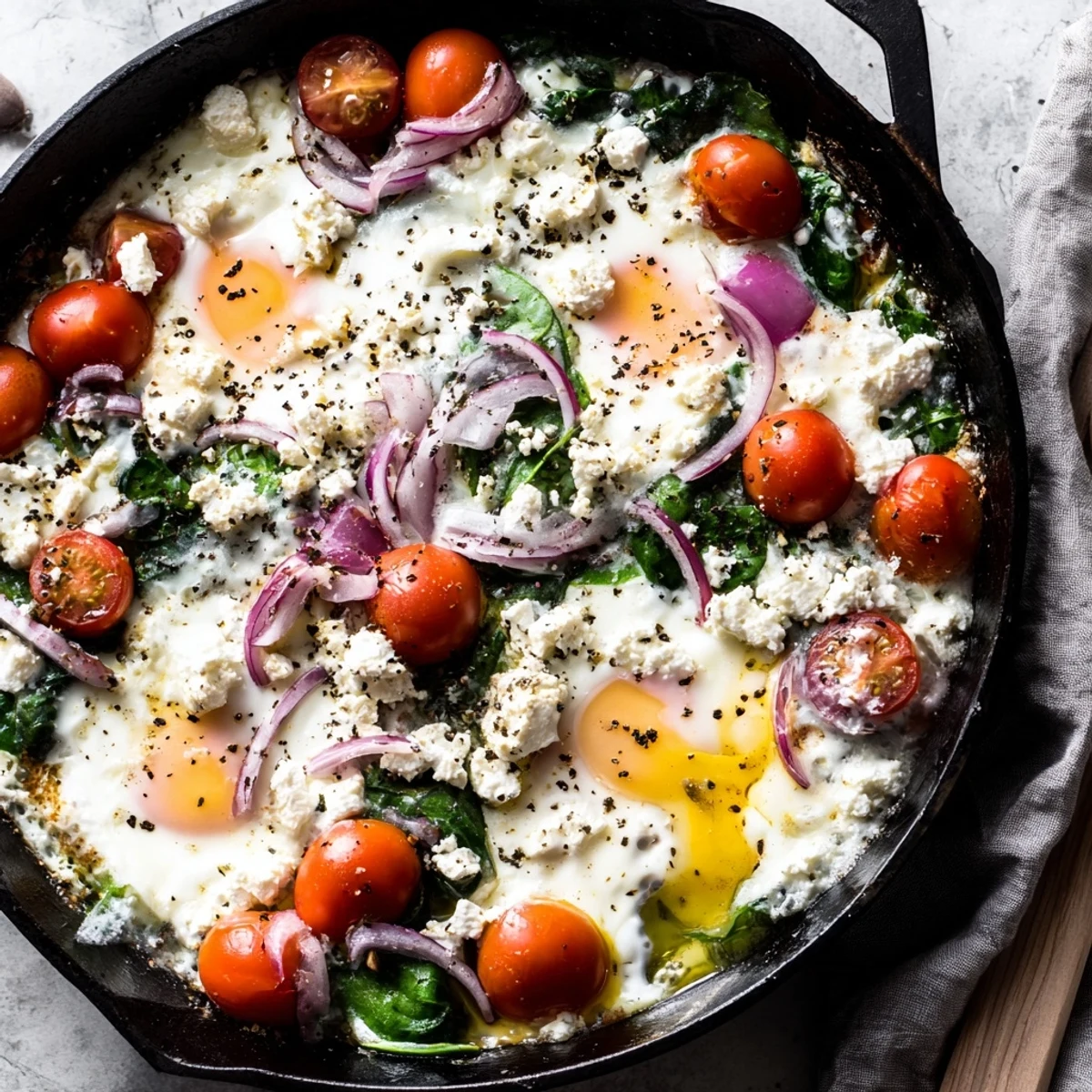Golden baked feta eggs with tomatoes and spinach in a rustic skillet
