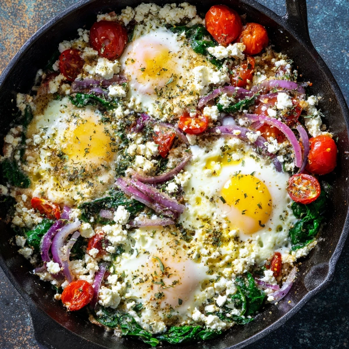 Creamy feta and spinach baked eggs with tender tomatoes in an oven dish