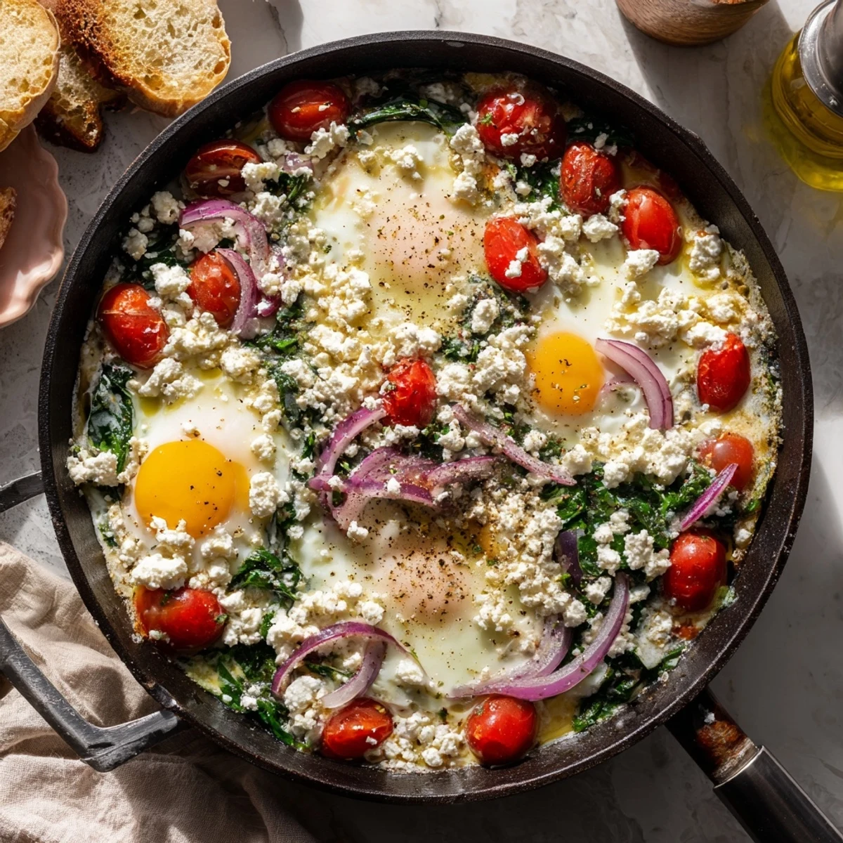 Mediterranean baked feta eggs featuring runny yolks nestled among juicy cherry tomatoes