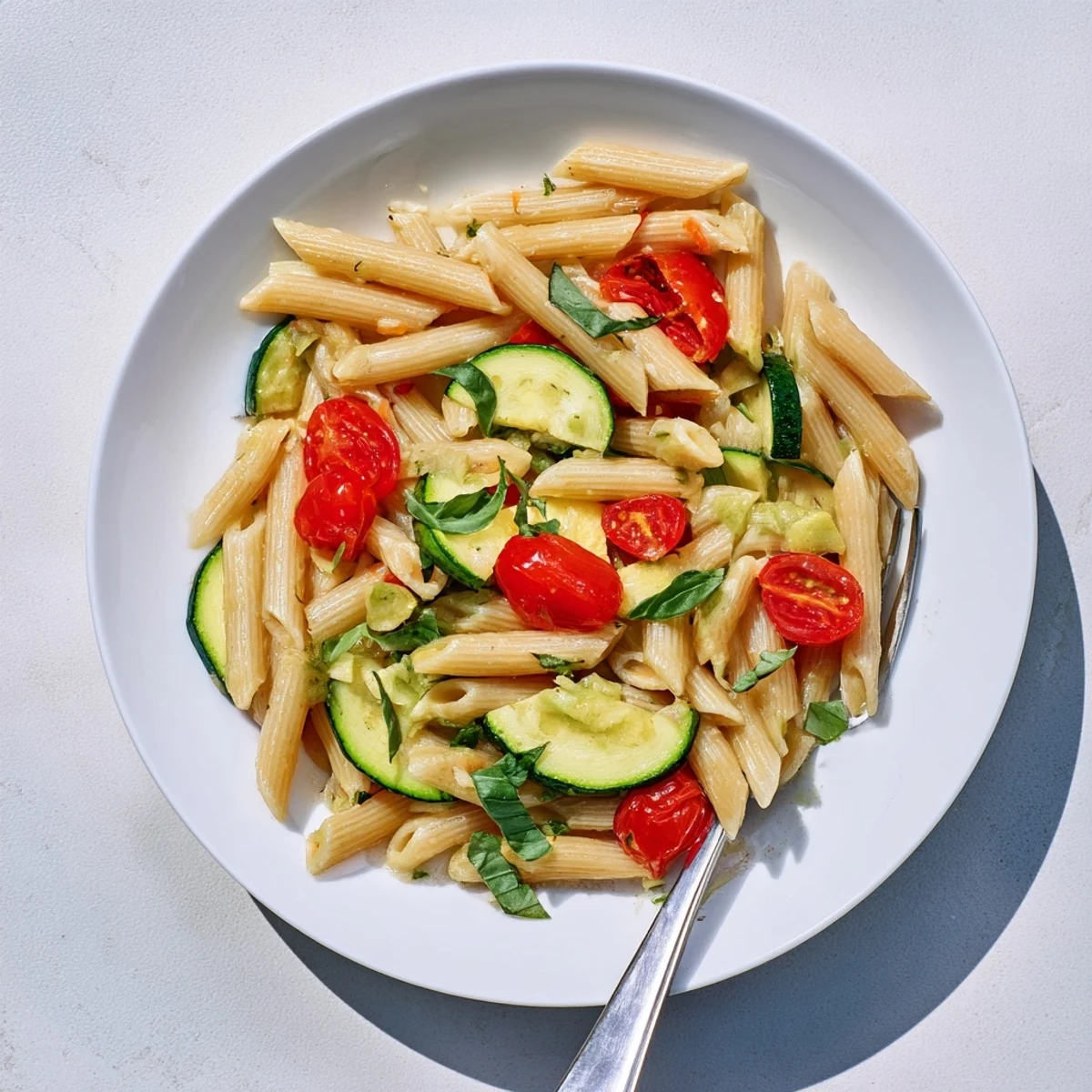 Golden tomato zucchini pasta tossed in garlic olive oil with fresh basil garnish