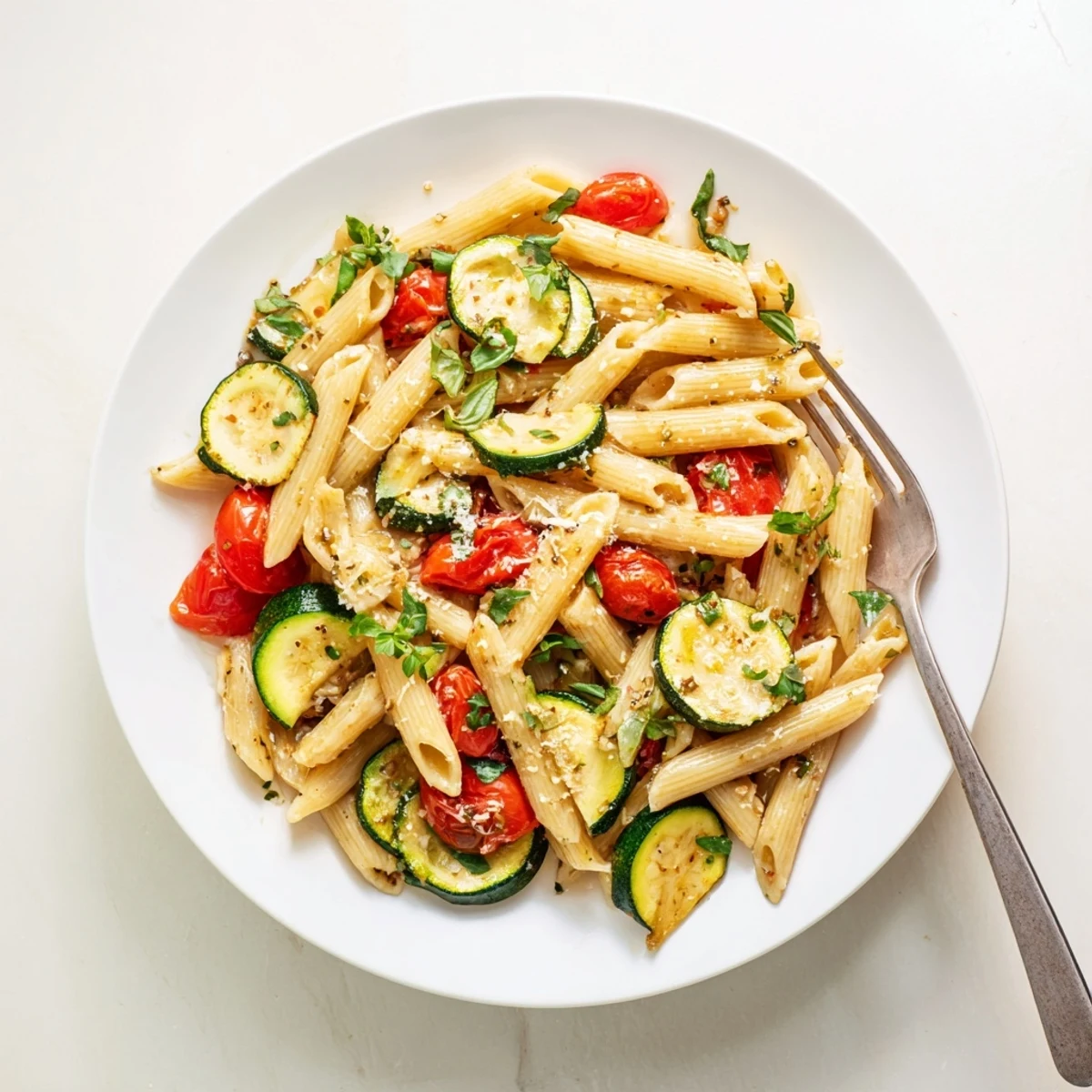Close-up of tender zucchini and cherry tomatoes coating al dente pasta noodles