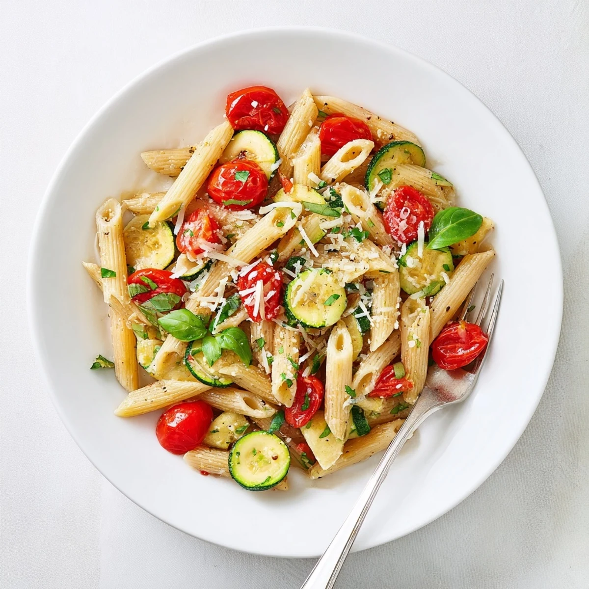 Colorful bowl of tomato zucchini pasta topped with grated Parmesan and green herbs