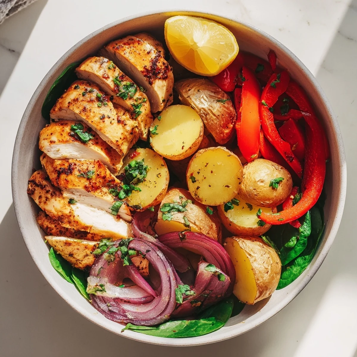 Golden roasted chicken and crispy potato bowl with fresh vegetables in a white serving dish