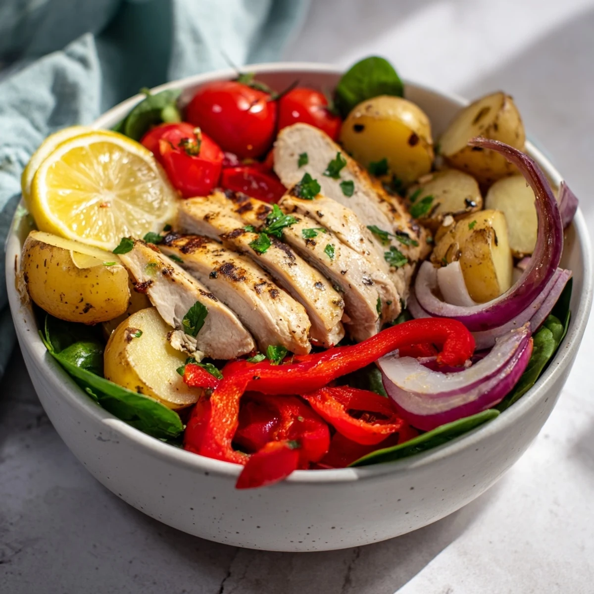 Healthy skinny chicken and roasted potato bowl featuring lean grilled slices over colorful baby potatoes