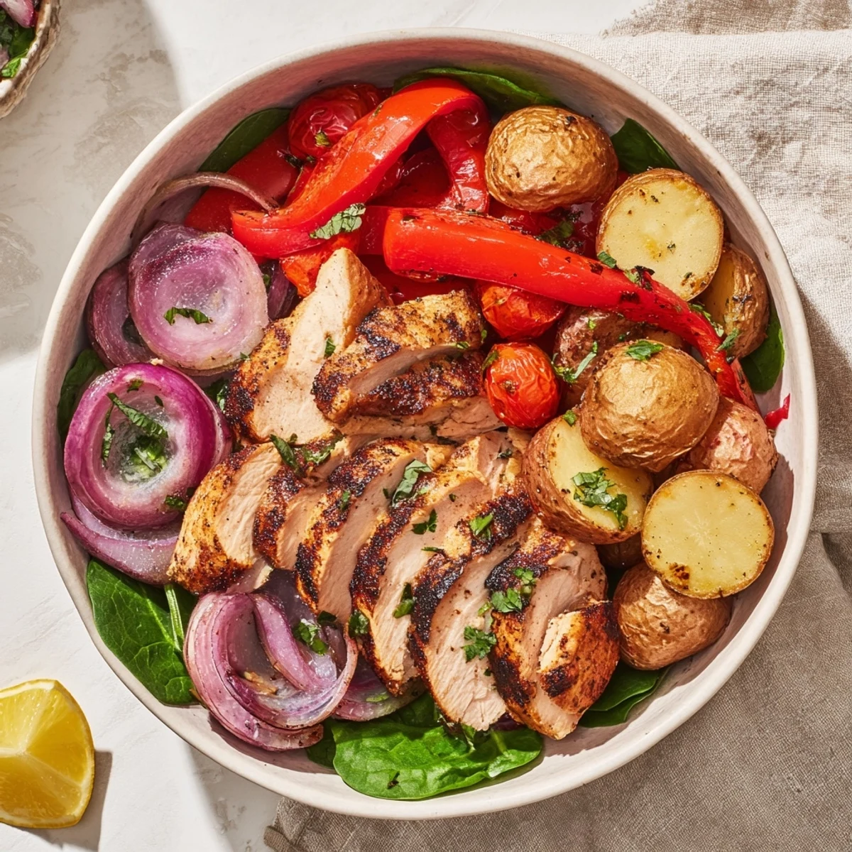Vibrant chicken and roasted potato bowl arranged with red peppers tomatoes and fresh spinach greens