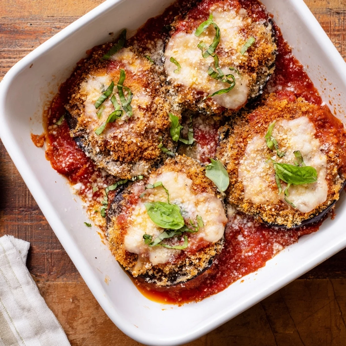 Golden baked eggplant parmesan with layers of crispy breaded eggplant, marinara sauce, and bubbling melted mozzarella cheese