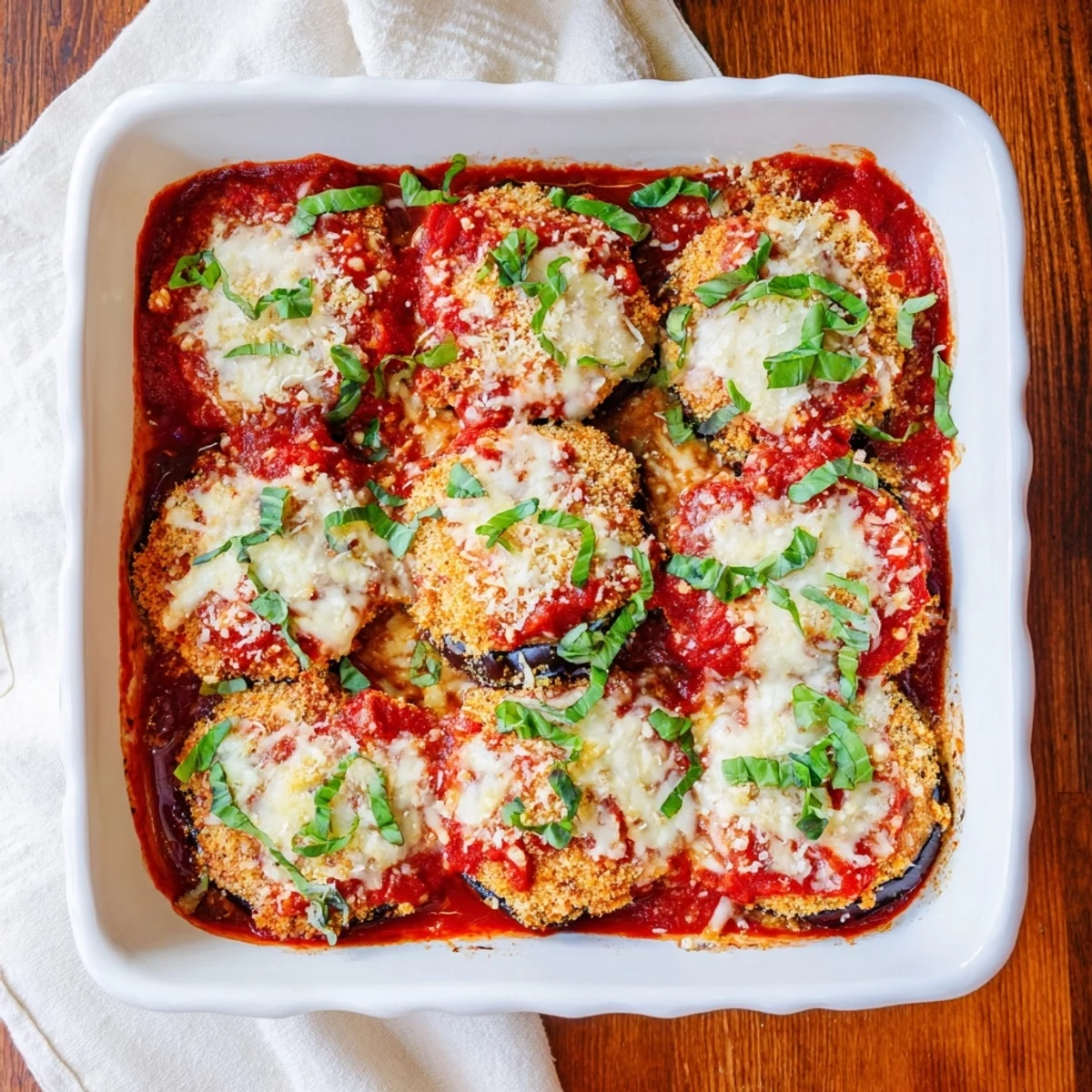 Homemade baked eggplant parmesan featuring tender breaded slices layered with rich red marinara and gooey melted cheese